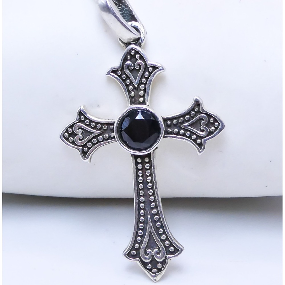 Sterling Silver Black Spinel Cross Heart Scrolled 1.6" Necklace Pendant 925